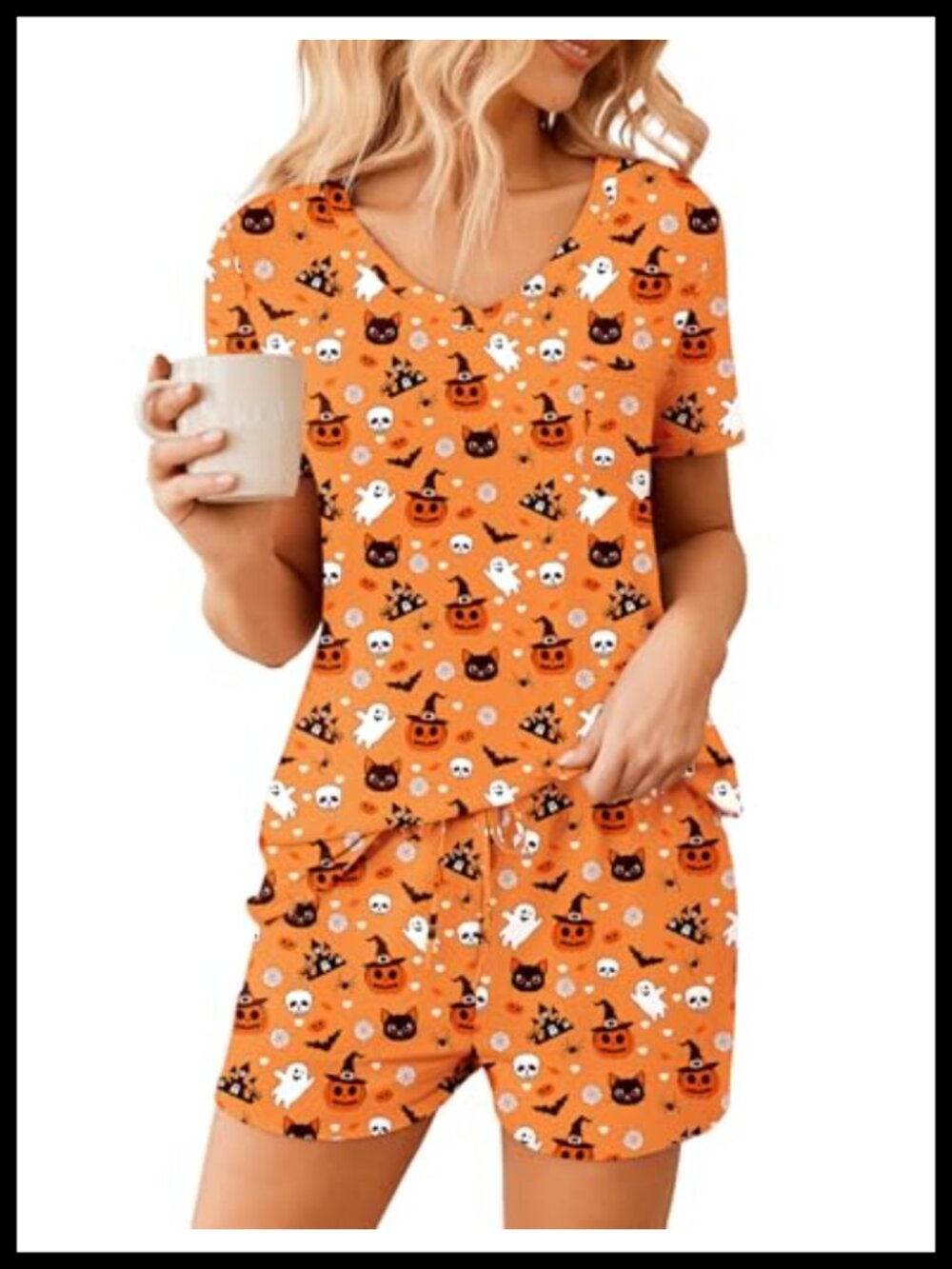 Women's 2 Piece Pajama Set V-Neck Short Sleeve Top & Drawstring Shorts